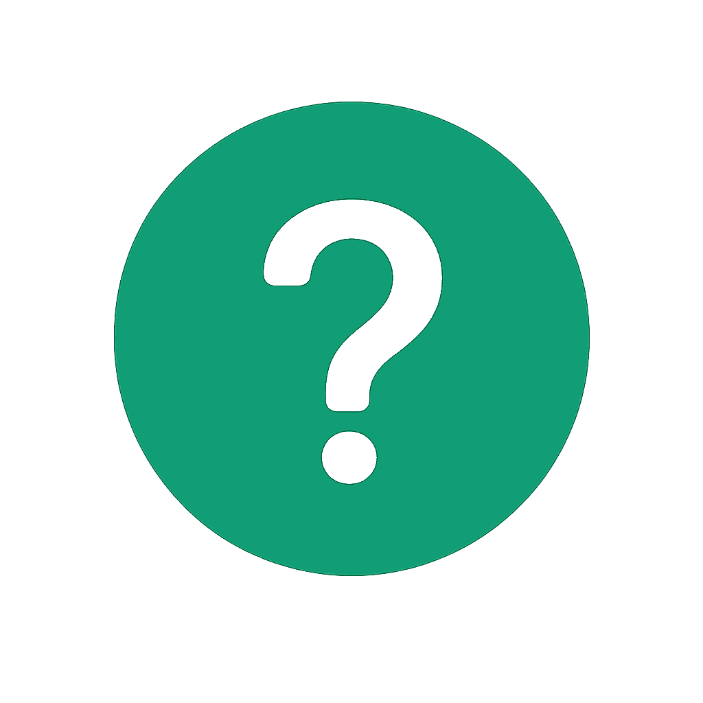 A green circular icon featuring a large white question mark in the center.