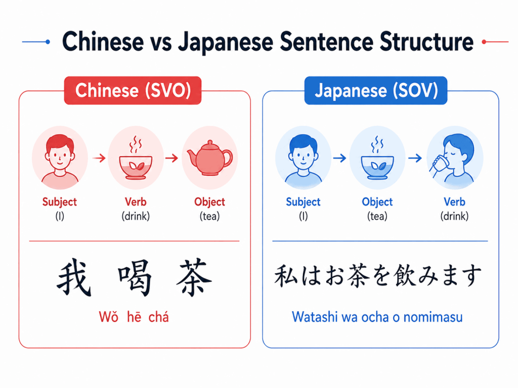 Chinese vs Japanese sentences grammar structure differences