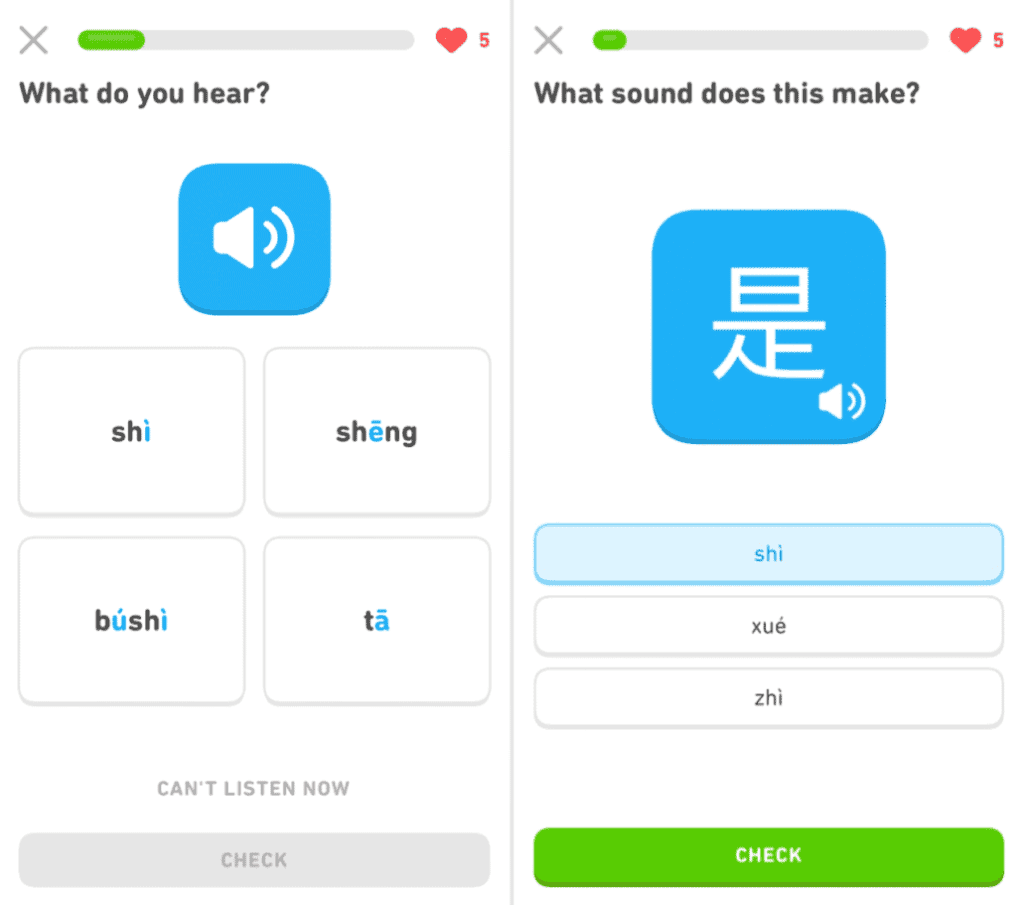 Two mobile app screens for a language learning exercise, featuring audio prompts and multiple choice answers.