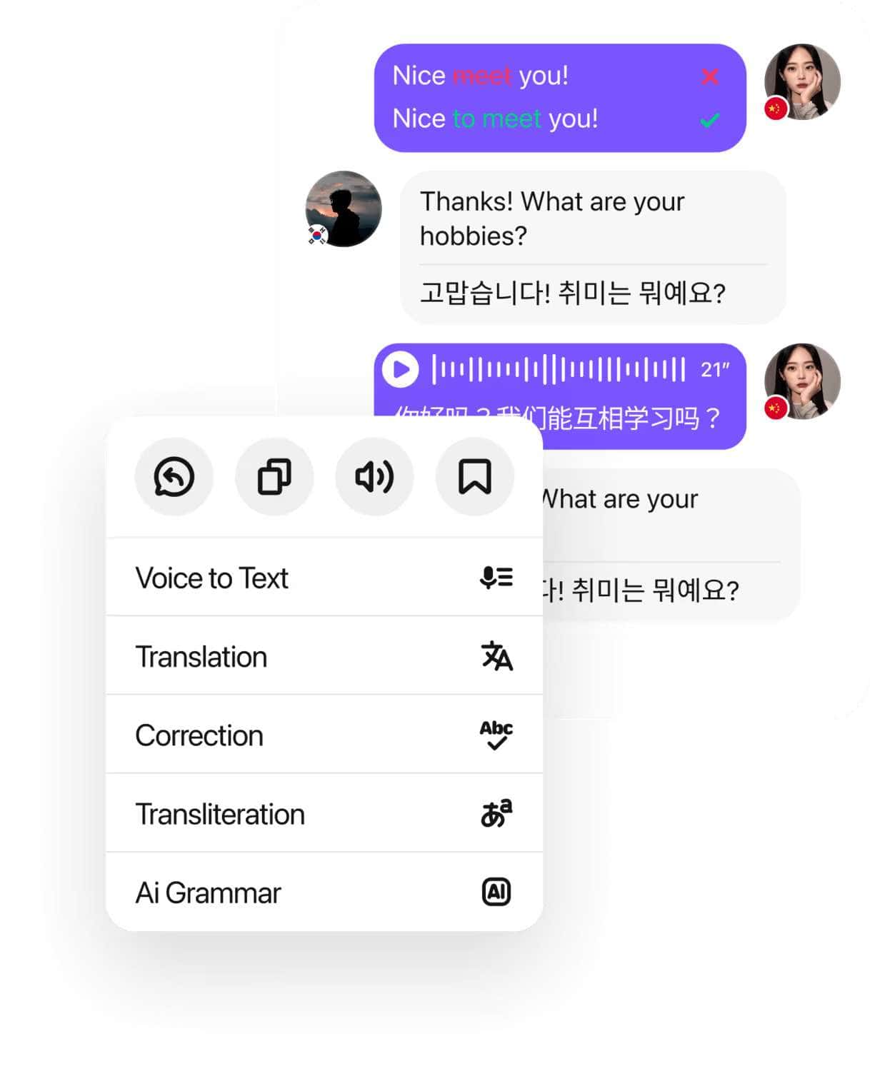 Screenshot of a chat interface showing messages in multiple languages with options for voice-to-text, translation, correction, transliteration, and AI grammar features.