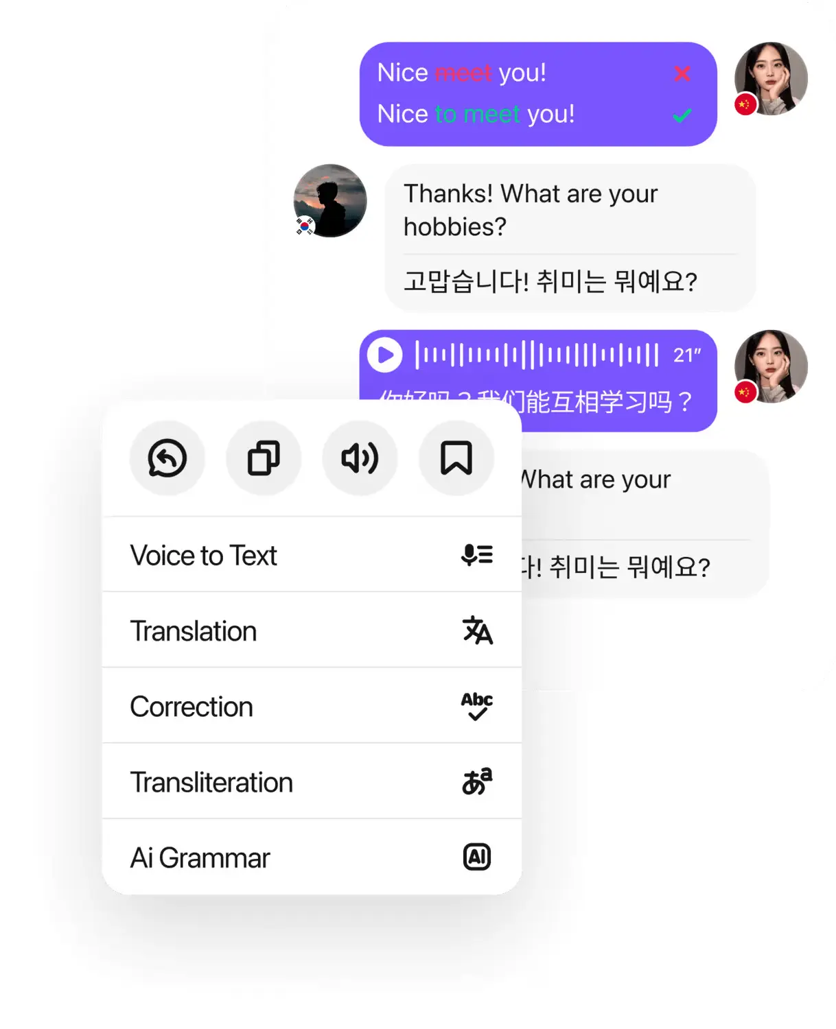 Screenshot of a chat interface showing messages in multiple languages with options for voice-to-text, translation, correction, transliteration, and AI grammar features.