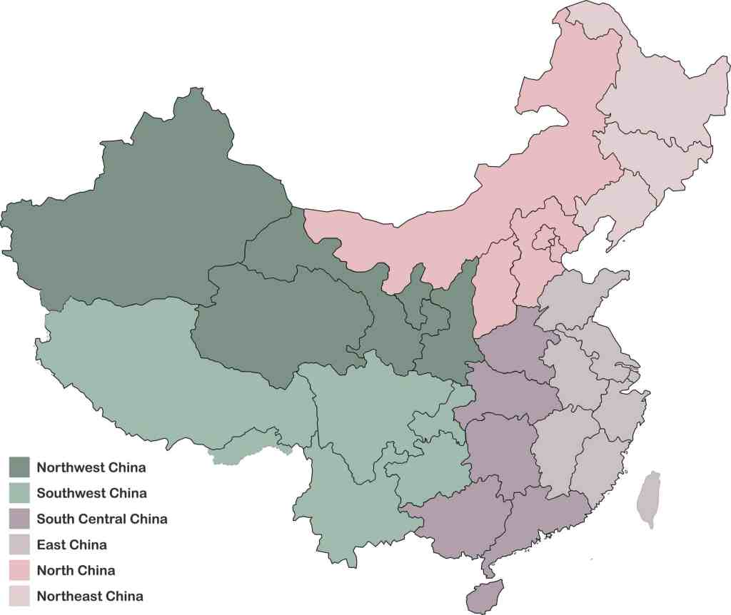 The map of China is divided into six regions: Northwest, Southwest, South Central, East, North, and Northeast China, each marked with a unique color. China's Employment