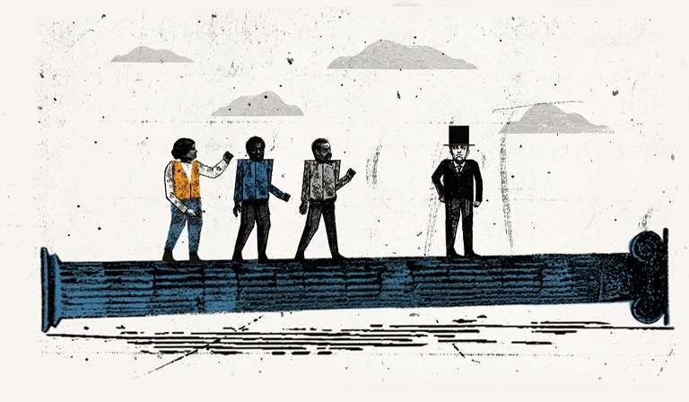 The image is a minimalist illustration of four figures standing together on a long, dark platform, symbolizing unity or companionship. China's Employment