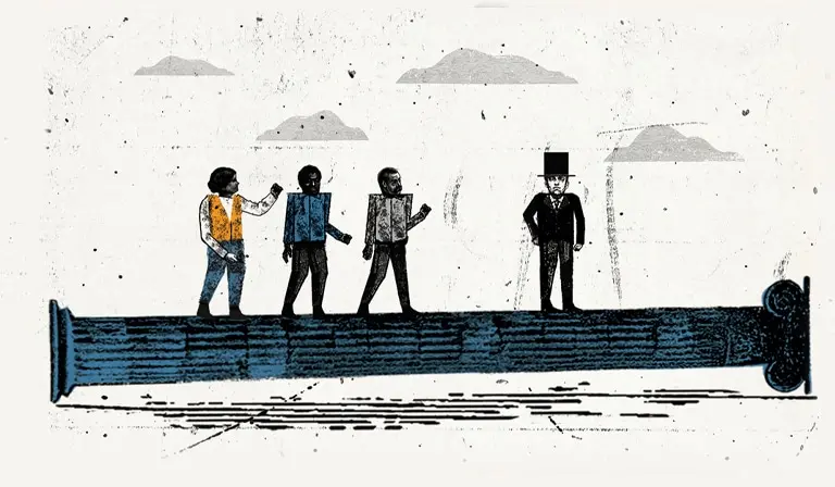 The image is a minimalist illustration of four figures standing together on a long, dark platform, symbolizing unity or companionship. China's Employment