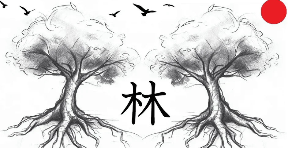 A black and white sketch of two trees with intertwined roots, featuring the Chinese character '林' (meaning forest) between them, along with birds flying in the sky and a red circle in the top right corner.