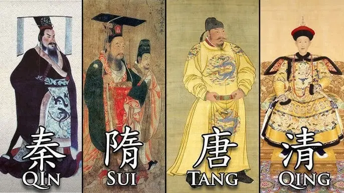 Four historical Chinese emperors represented side by side, labeled as Qin, Sui, Tang, and Qing, with artistic depictions showcasing their traditional attire.