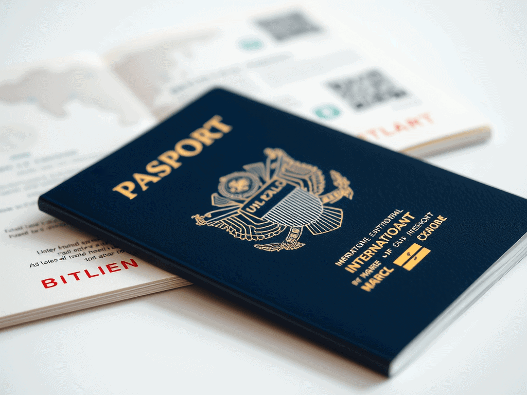 Close-up of a blue passport with the word 'PASSPORT' embossed in gold, placed on top of documents including one with the word 'BITLIEN' in red.