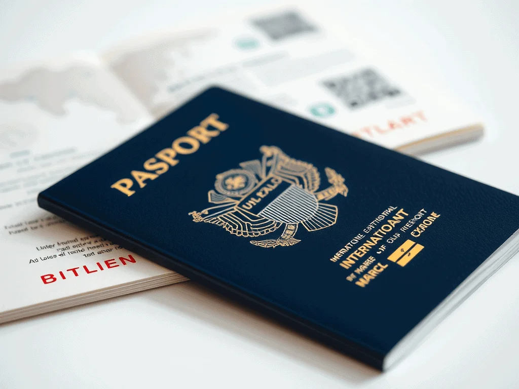 Close-up of a blue passport with the word 'PASSPORT' embossed in gold, placed on top of documents including one with the word 'BITLIEN' in red.