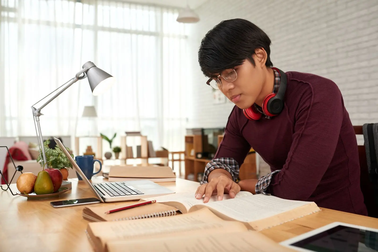 international student studying at home