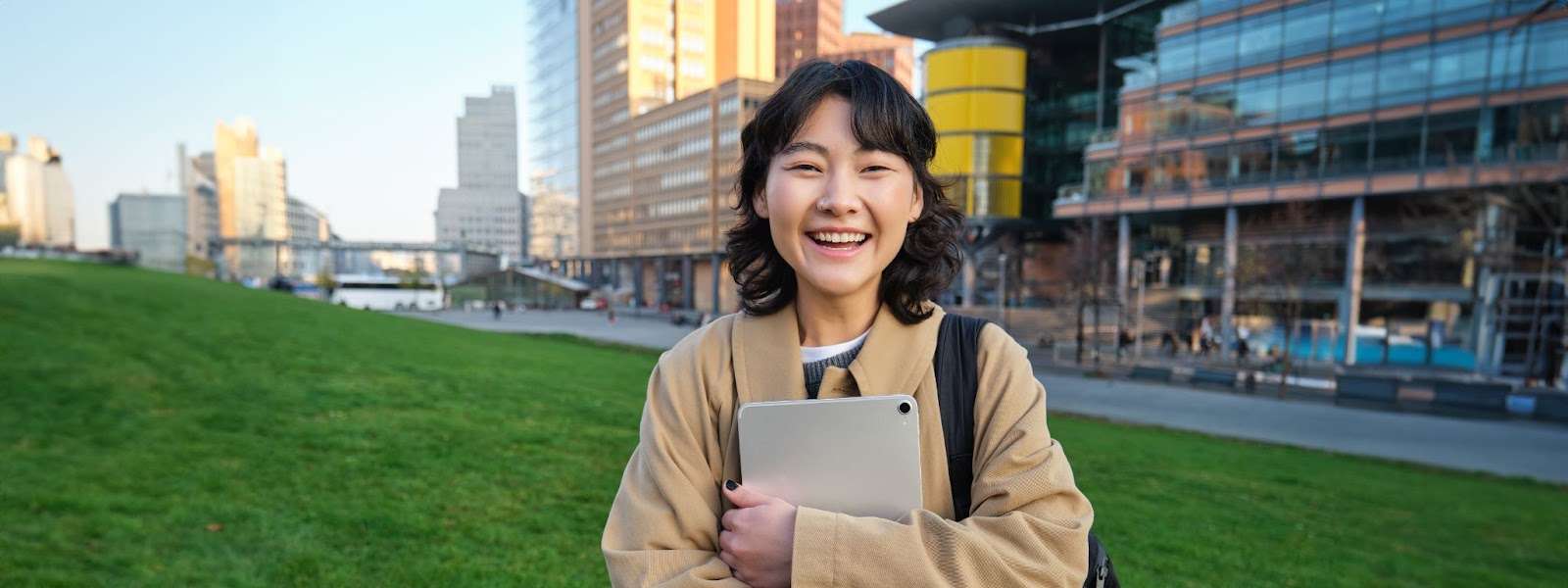 international student girl smiling after school