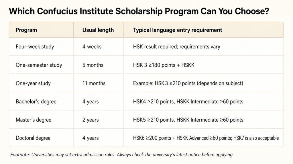 Which Confucius Institute Scholarship Program Can You Choose summary table