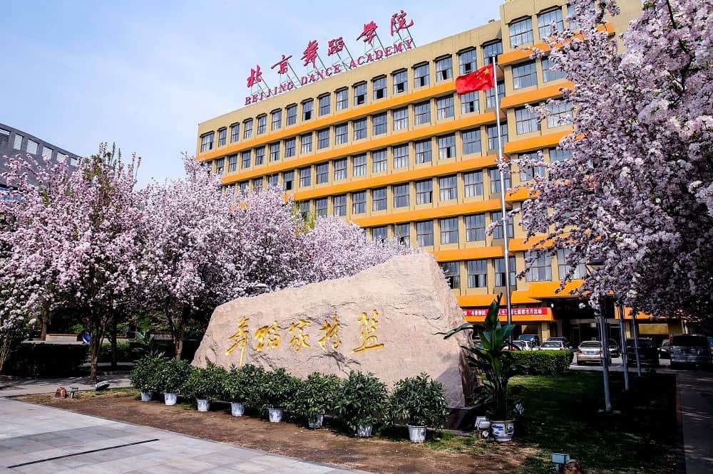 Beijing Dance Academy building surrounded by blooming cherry blossom trees in spring, showcasing China’s top dance education institution for international students applying for China programs.
