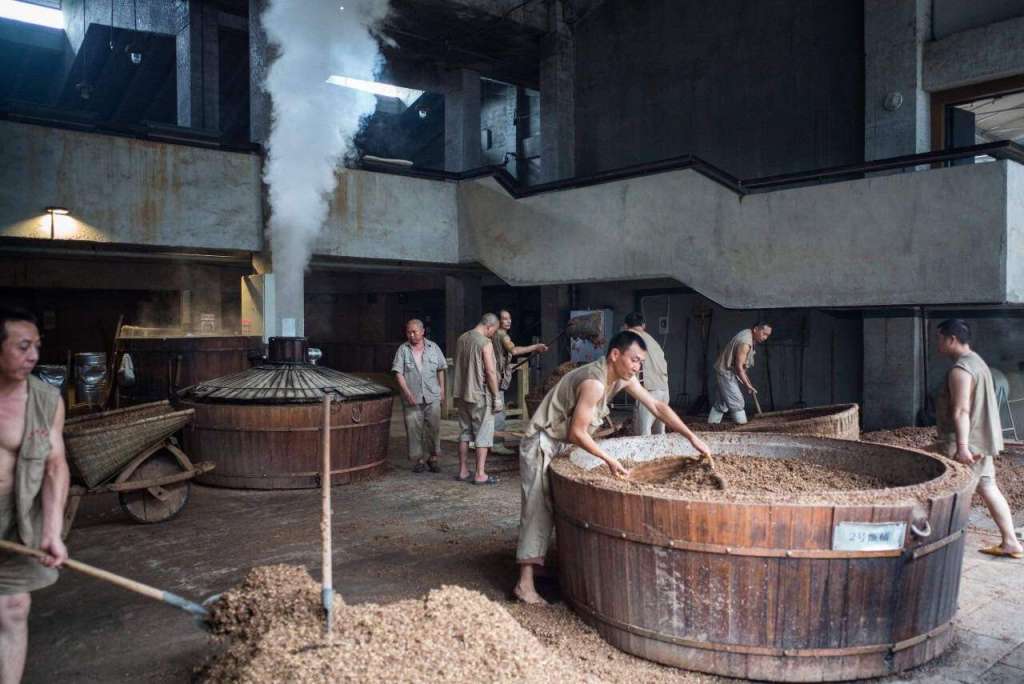 Workers in a traditional baijiu distillery preparing fermented grains in wooden barrels, with steam rising from a distillation apparatus in the background.