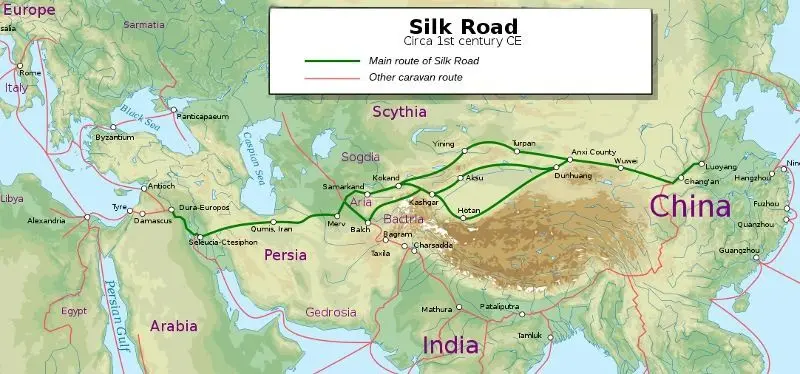 Map of the Silk Road showing main and other caravan routes connecting China, India, Persia, and surrounding regions, circa 1st century CE.