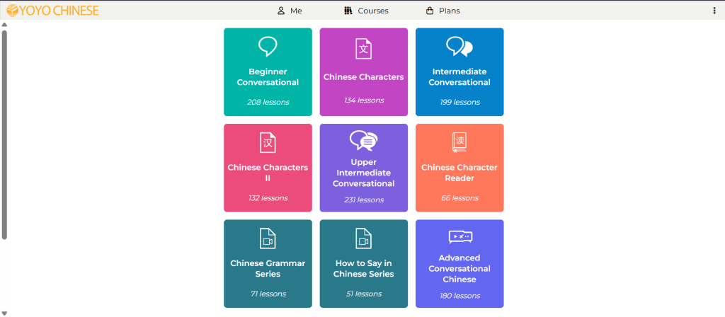 A screenshot of the YoYo Chinese platform displaying various language courses. The courses include Beginner Conversational, Chinese Characters II, Intermediate Conversational, Upper Intermediate Conversational, Chinese Character Reader, Chinese Grammar Series, How to Say in Chinese Series, and Advanced Conversational Chinese, with lesson counts shown for each.