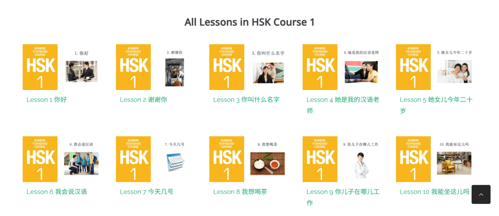 Image displaying all lessons in HSK Course 1 with corresponding lesson titles and images,