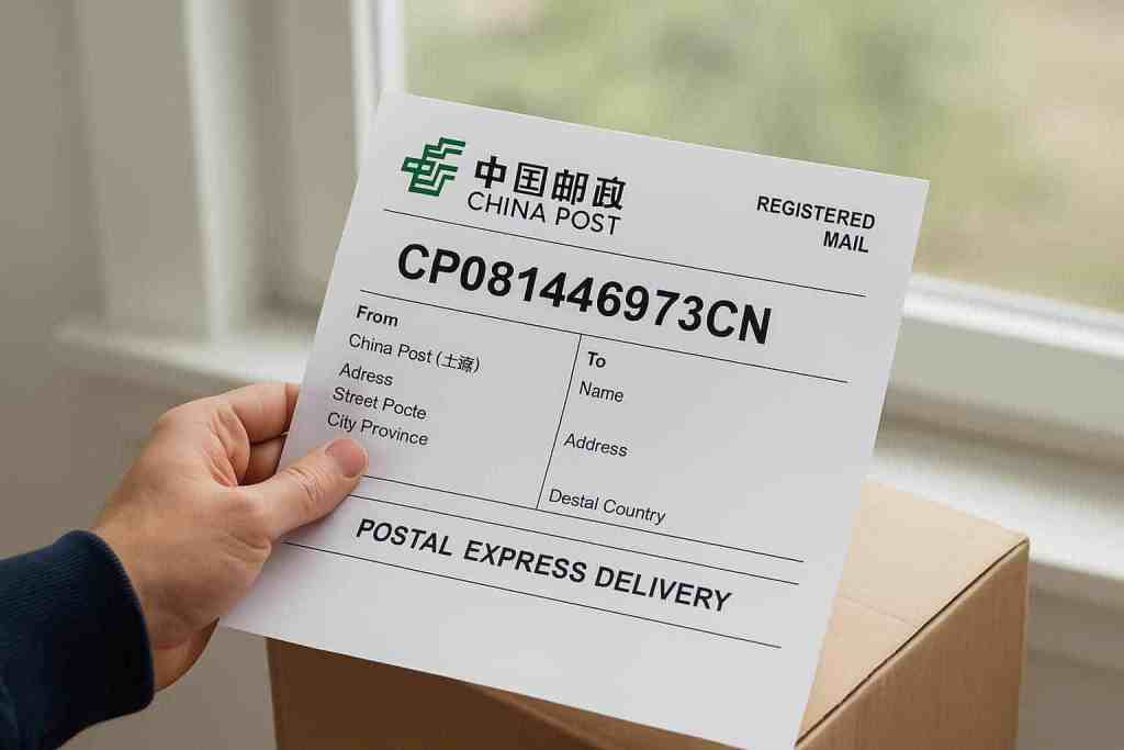 A person holding a registered mail label from China Post, featuring delivery details and a cardboard package in the background.