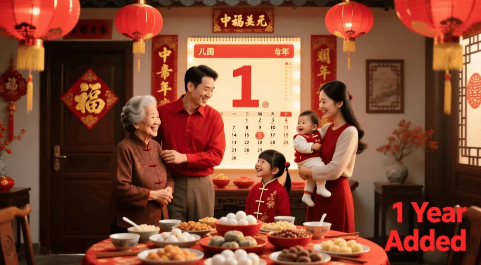 A joyful family gathering in a decorated room with red lanterns and traditional ornaments, celebrating an event, featuring a grandmother, parents, and two children smiling and interacting, with a table full of festive foods.
