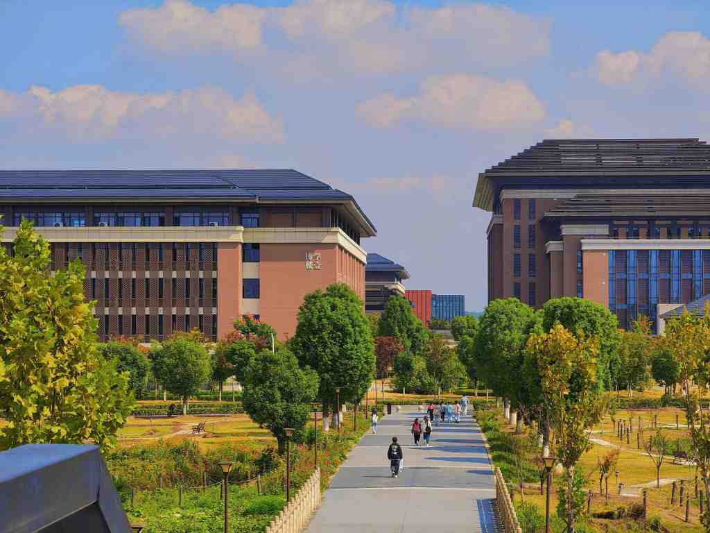 Modern Campus Buildings in China with Green Walkway