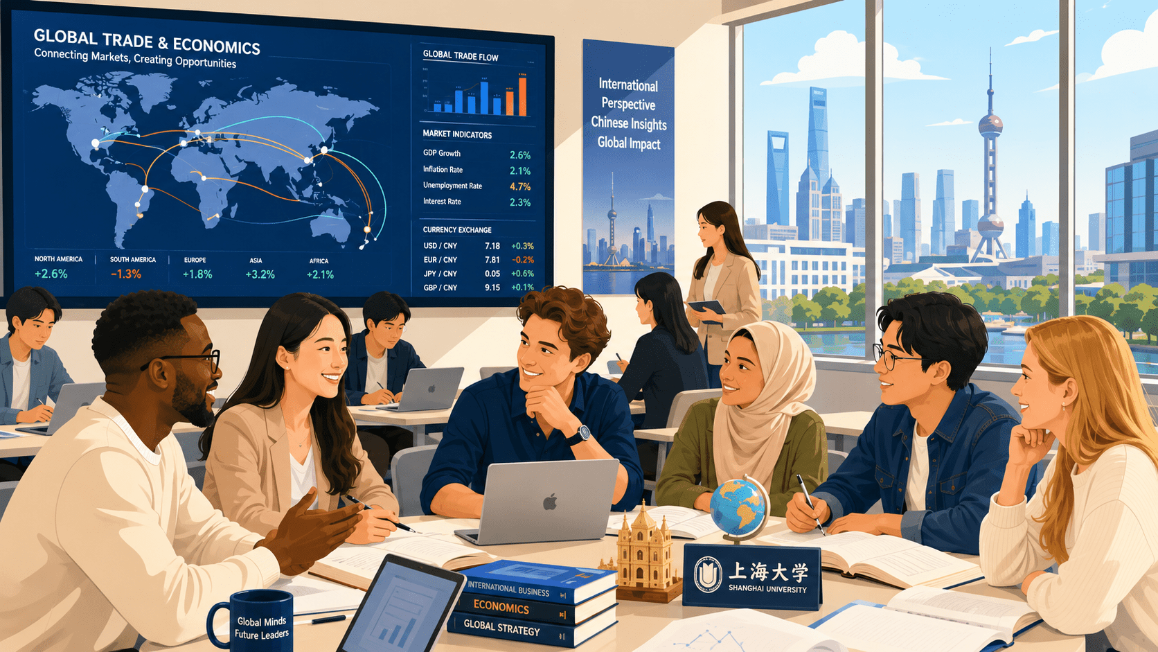A modern university business classroom in China with diverse international students studying international business and economics. Students are discussing around laptops and notebooks while looking at a digital screen with global trade routes, finance charts, and market data. A Chinese university campus and subtle Shanghai-style skyline can be seen through the window. Bright natural light, clean academic atmosphere, professional but welcoming.