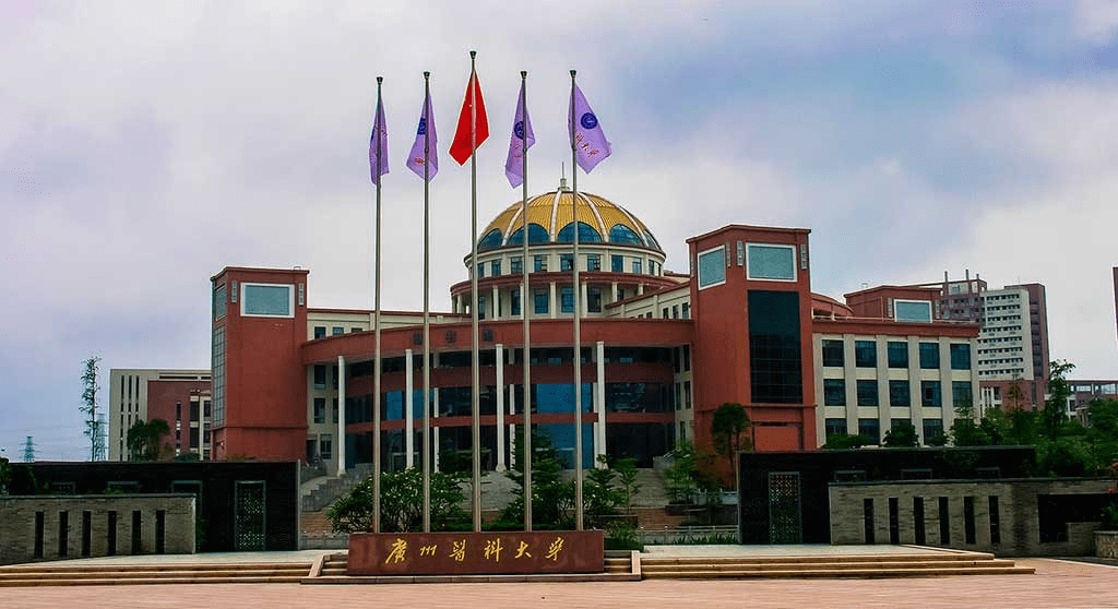 Guangzhou Medical University (GMU) main building with golden dome and university flags in Guangzhou, China