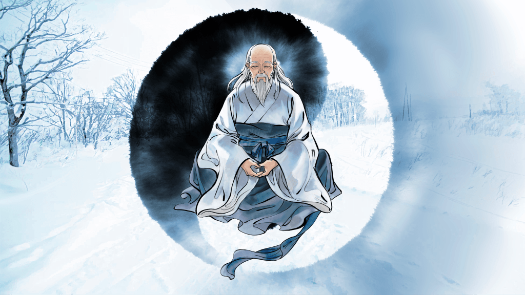 Illustration of an elderly Taoist sage meditating within a yin-yang circle against a snowy winter landscape representing Chinese religion and philosophy