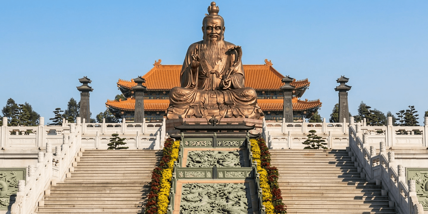 Large bronze Confucius statue seated atop a grand staircase flanked by flowers, with a traditional Chinese temple complex behind
