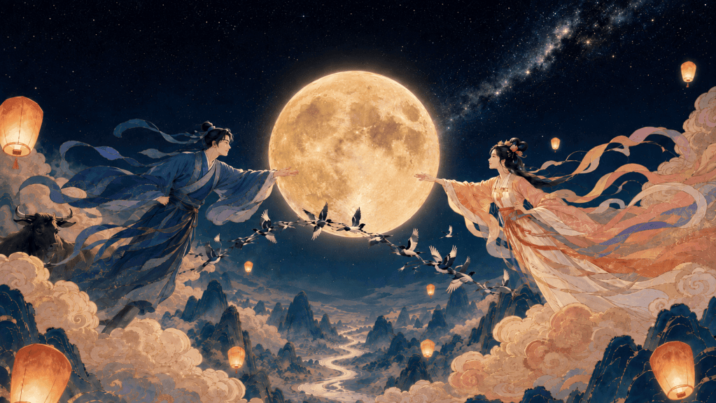 Qixi Festival 2026 with Niulang and Zhinü under a full moon as magpies form a bridge on Chinese Valentine’s Day.