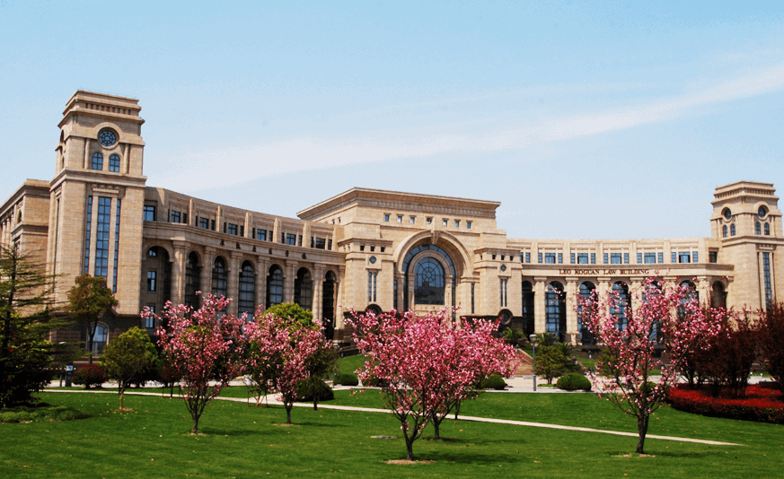 Cherry blossoms beside Fudan campus building in Shanghai