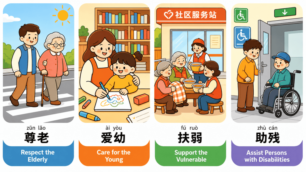 Chinese customs and traditions illustration showing 尊老爱幼扶弱助残—respecting the elderly, caring for children, supporting vulnerable people, and assisting people with disabilities.