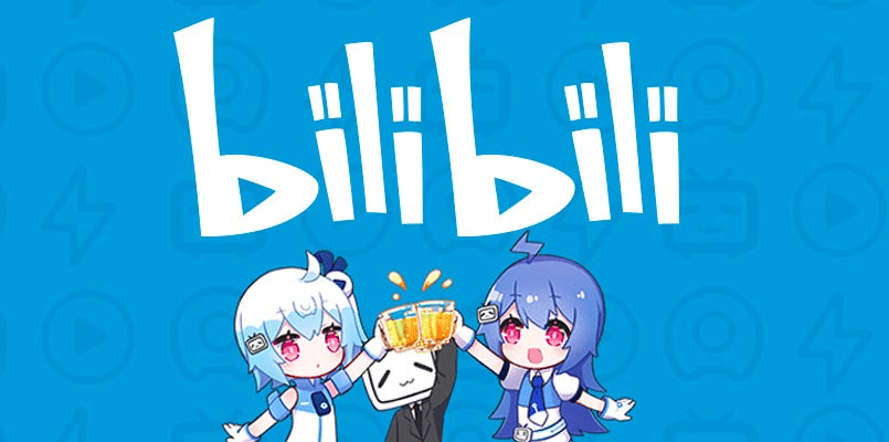 Bilibili logo with the platform's anime mascot characters celebrating on a blue background representing the most popular long-form video content platform