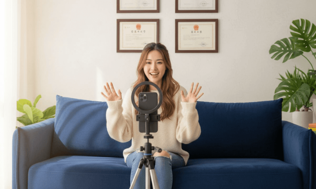 Most popular Chinese content creators: young woman filming video content with a smartphone and ring light