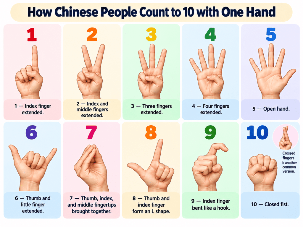 An infographic showing how Chinese people count from 1 to 10 using one hand, with each number represented by specific finger configurations.