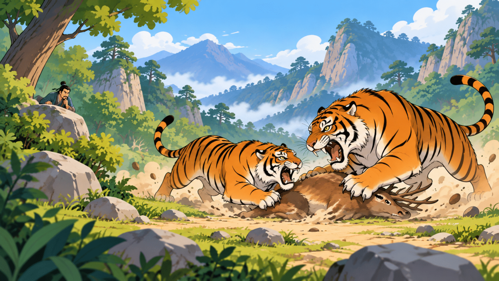 Two tigers fight over prey while a person watches from a distance, illustrating the useful Chinese idiom 一举两得.
