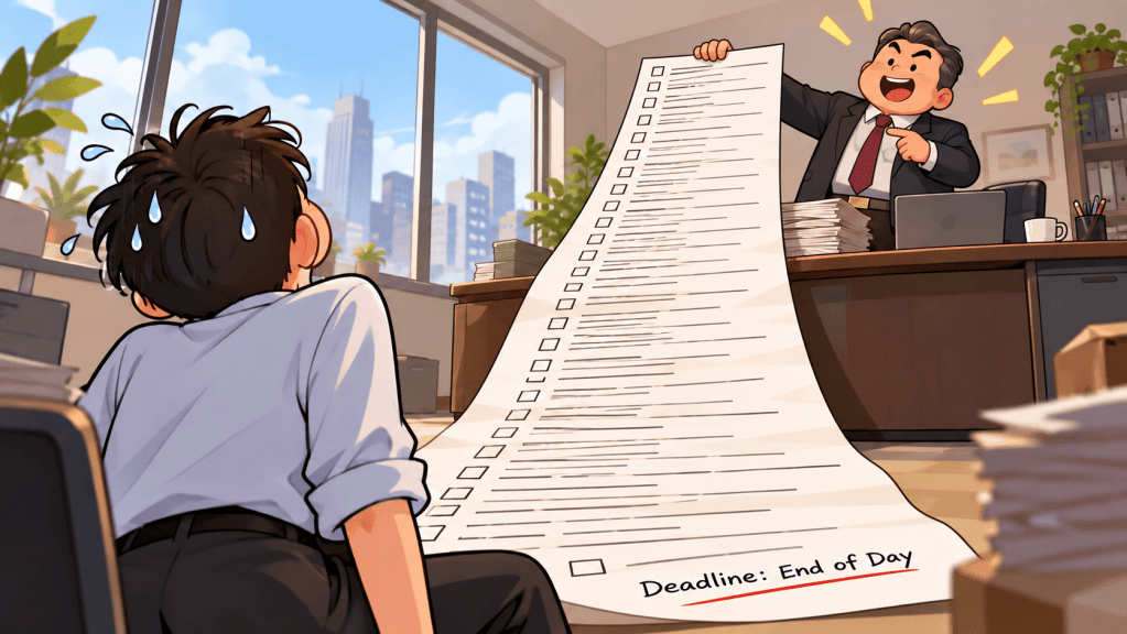 A stressed employee faces an overwhelming deadline at work, illustrating the Chinese chengyu 不可思议 and everyday Mandarin.