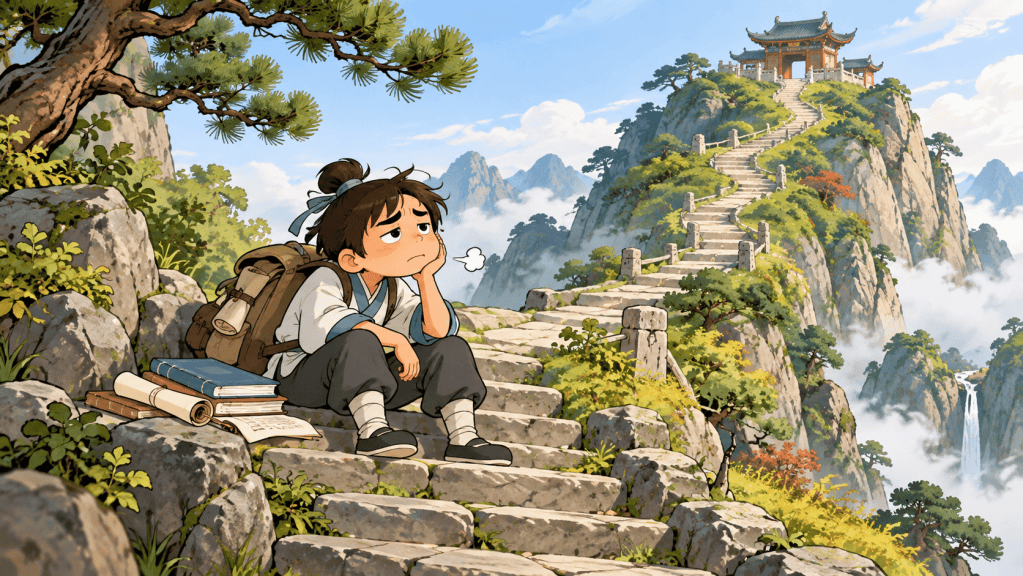 A student stops halfway up mountain steps with books beside them, illustrating the Chinese idiom for beginners 半途而废.